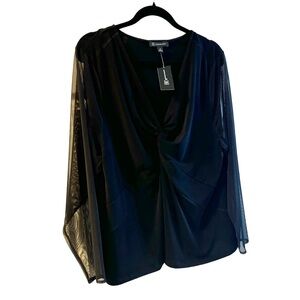 INC  black blouse with sheer sleeves. Sz 3X, twist under V neck flattering.